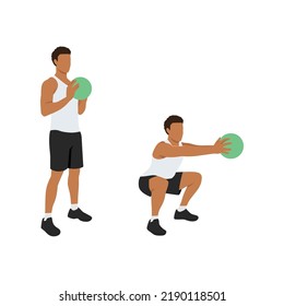 Man doing Medicine ball squat and reach exercise. Flat vector illustration isolated on white background