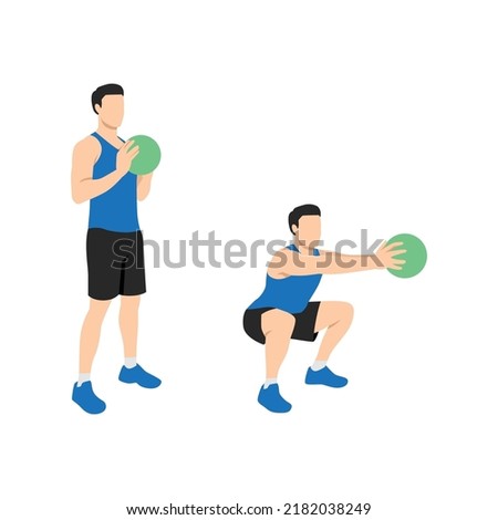 Man doing Medicine ball squat and reach exercise. Flat vector illustration isolated on white background