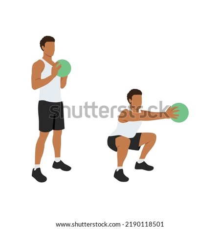 Man doing Medicine ball squat and reach exercise. Flat vector illustration isolated on white background