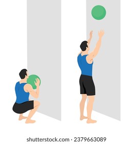 Hombre haciendo ejercicio de limpieza de bolas de medicina. Empieza con una posición de pelota y tira la pelota por encima de la cabeza para atrapar la pelota y la rep. Ilustración vectorial plana aislada en fondo blanco