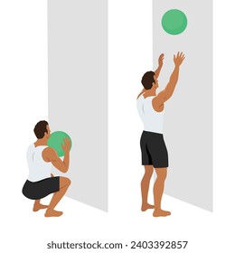 Man doing Medicine Ball Toss Up Exercise. Start with a squat pose and Toss the ball above the head catch the ball and rep. Flat vector illustration isolated on white background