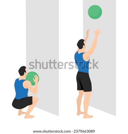 Man doing Medicine Ball Toss Up Exercise. Start with a squat pose and Toss the ball above the head catch the ball and rep. Flat vector illustration isolated on white background