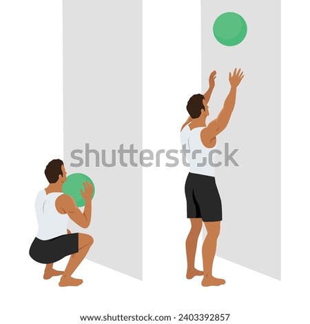 Man doing Medicine Ball Toss Up Exercise. Start with a squat pose and Toss the ball above the head catch the ball and rep. Flat vector illustration isolated on white background