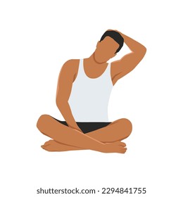 Man doing meditating and seated stretching neck to the side. Release neck and shoulder tension. Flat vector illustration isolated on white background.