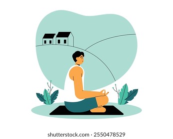 Hombre haciendo meditación al aire libre., sentado con las piernas cruzadas en una estera con los ojos cerrados, fondo rural tranquilo y pacífico, dos casas y colinas verdes y plantas verdes, Ilustración vectorial.