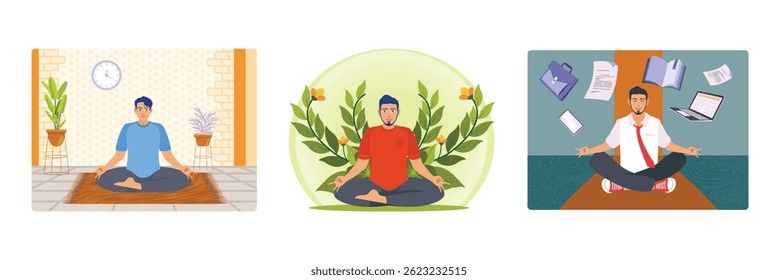 Homem fazendo meditação em um quarto tranquilo. Um homem sentado meditando rodeado de plantas e flores. Um homem de negócios medita entre equipamentos de trabalho. Homem meditando conceito. Definir ilustração de vetor plana 
