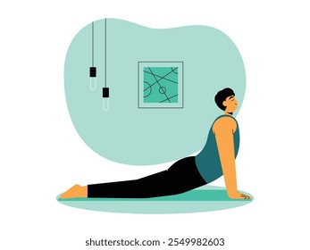 Man is doing meditation in upward facing dog position on mat, there are houseplants, hanging lamp and painting on the wall, activity that can be done at home, vector illustration.