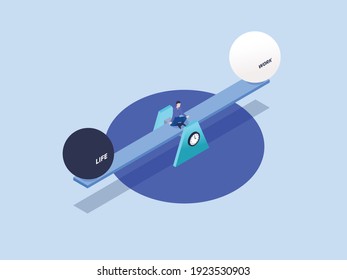 Man doing meditation while sitting on the scale with work and life balance. Isometric vector concept