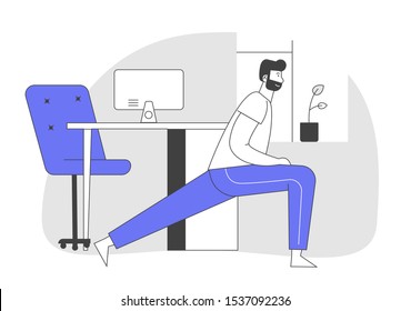 Man Doing Morning Exercises or Break during Working Time at Home. Male Character Conducting Healthy Lifestyle Doing Stretching Lunges near Desk with Pc. Cartoon Flat Vector Illustration, Line Art