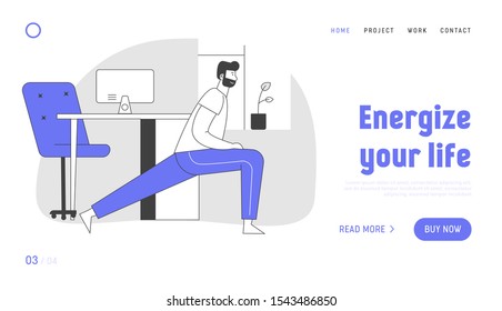 Man Doing Morning Exercises or Break during Working Time at Home Website Landing Page. Conducting Healthy Lifestyle Doing Stretching Lunges Web Page Banner. Cartoon Flat Vector Illustration, Line Art