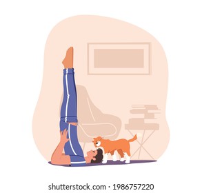 Man Doing Morning Exercises at Home. Male Character Conducting Healthy Lifestyle Doing Stretching or Yoga Asana with Raised Legs. Athlete Sportsman Workout Training. Cartoon Vector Illustration