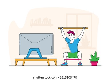 Man Doing Morning Exercises or Stretching Workout at Home. Male Character Conducting Healthy Lifestyle, Lunges with Rubber Tape or Squatting with Sports Bar in front of TV Set. Linear Vector Illustration