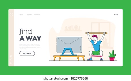 Man Doing Morning Exercises or Stretching Workout at Home Landing Page Template. Male Character Healthy Lifestyle, Lunges with Tape, Squat with Sports Bar front of Tv Set. Linear Vector Illustration