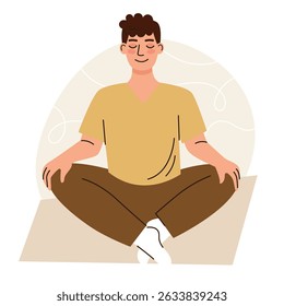 A man is doing morning yoga in the lotus position. Morning routine. Flat cartoon vector illustration