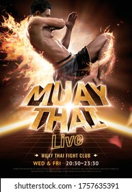 Man doing Muay Thai flying knee with fire effect, realistic 3d illustration live show poster design