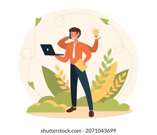 Man doing multi tasks. Metaphor of hardworking employee, businessman. Character does several things at same time. Time management, multiarmed person, job, work. Cartoon flat vector illustration