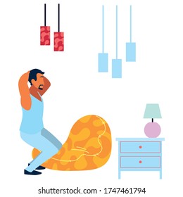 man doing muscle exercises at home vector illustration design