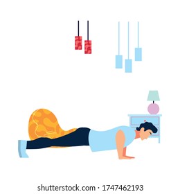 man doing muscle exercises at home vector illustration design