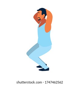 man doing muscle exercises at home vector illustration design