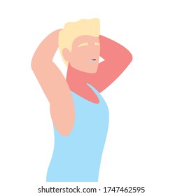 man doing muscle exercises at home vector illustration design