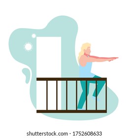 man doing muscle exercises on balcony of his house vector illustration design