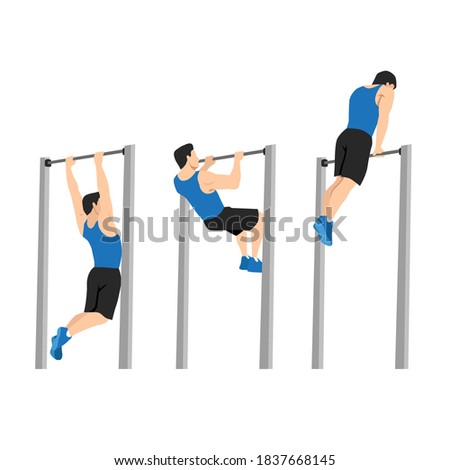 Man doing Muscle up on bar calisthenics movement. Flat vector illustration isolated on white background