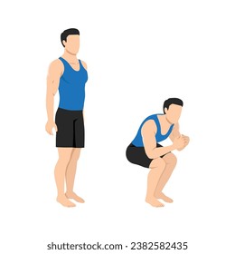 Man doing narrow air squat exercise. Flat vector illustration isolated on white background