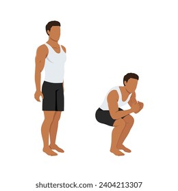 Man doing narrow air squat exercise. Flat vector illustration isolated on white background