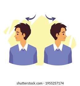 Man doing neck muscles stretch exercises, flat vector illustration isolated.