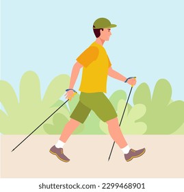 Man doing nordic walking, exercising. A young man walks on foot with walking sticks  in nature. Healthy lifestyle illustration in contemporary flat style. Vector.