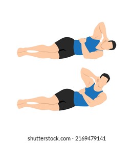 Man doing Oblique crunch exercise. Flat vector illustration isolated on white background