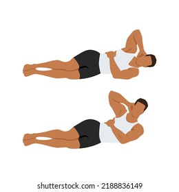 Man doing Oblique crunch exercise. Flat vector illustration isolated on white background