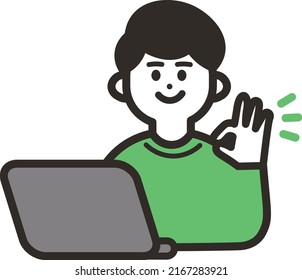 A man doing an OK pose using a computer