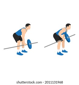 Man Doing One Arm Barbell Rows Exercise. Flat Vector Illustration Isolated On White Background