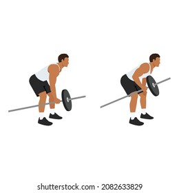 Man doing One arm barbell rows exercise. Flat vector illustration isolated on white background