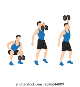 Man doing one arm dumbbell snatch exercise. Flat vector illustration isolated on white background svg