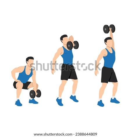 Man doing one arm dumbbell snatch exercise. Flat vector illustration isolated on white background