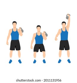 Man doing One arm kettlebell push and press exercise. Flat vector illustration isolated on white background