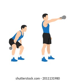 Man Doing One Arm Kettlebell Swings Exercise. Flat Vector Illustration Isolated On White Background