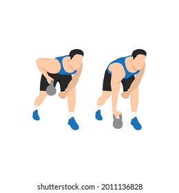 Man doing one arm kettlebell rows exercise. Flat vector illustration isolated on white background