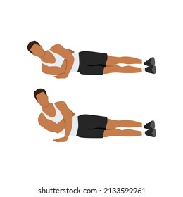 Hombre haciendo ejercicio de empuje de un brazo hacia arriba. Ilustración vectorial plana aislada en fondo blanco. conjunto de caracteres de entrenamiento