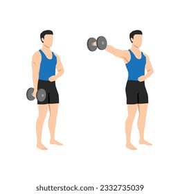 Hombre haciendo aumentos laterales de un brazo. Entrenamiento y entrenamiento de hombros. Ilustración vectorial plana aislada en fondo blanco