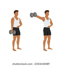 Man doing one arm side lateral raises. Shoulder workout and training. Flat vector illustration isolated on white background