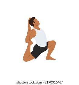 Man doing one Footed King Pigeon Pose, One-legged King Pigeon Pose or Mermaid Pose practice Eka Pada Rajakapotasana. Flat vector illustration isolated on white background