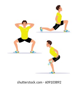 Man doing one leg squat, lunges exercises. Fitness workout set. Vector illustration.