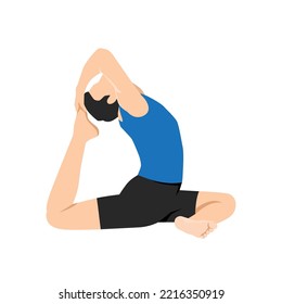 Man doing One Legged King Pigeon Pose Iii. Practice Eka Pada Rajakapotasana Iii. Flat vector illustration isolated on white background