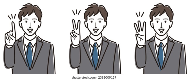A man doing one-finger, two-finger, and three-finger poses