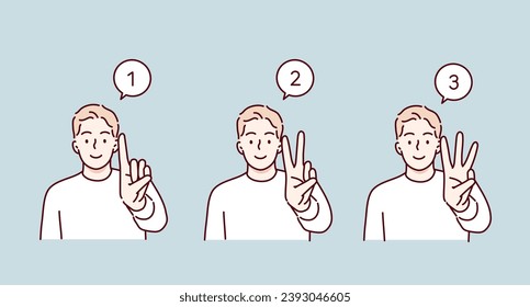 Un hombre haciendo poses de un dedo, dos dedos y tres dedos. Ilustraciones de diseño vectorial de estilo dibujado a mano.