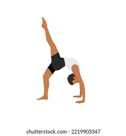 Man doing One-Legged Wheel Pose. Practice Eka Pada Urdhva Dhanurasana. Flat vector illustration isolated on white background