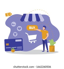man doing online payment, purchases ordering, Internet store, online shopping, e-commerce cliparts. buy, my orders list. flat vector concept illustrations